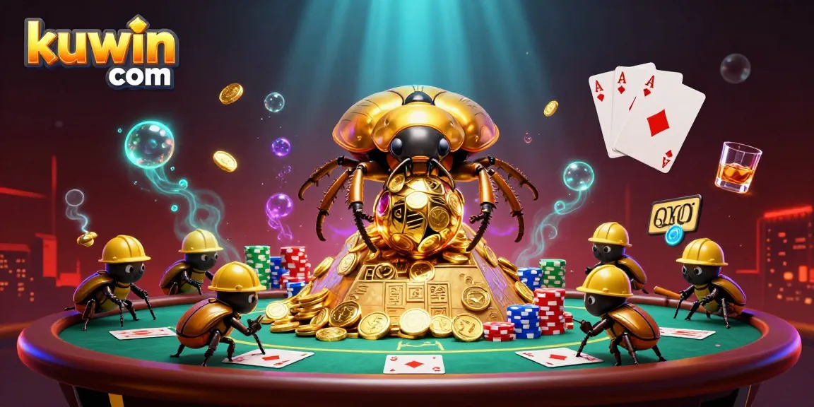 Engage in thrilling gameplay with kuwin com as golden beetles navigate a coin pyramid in this vibrant casino scene.