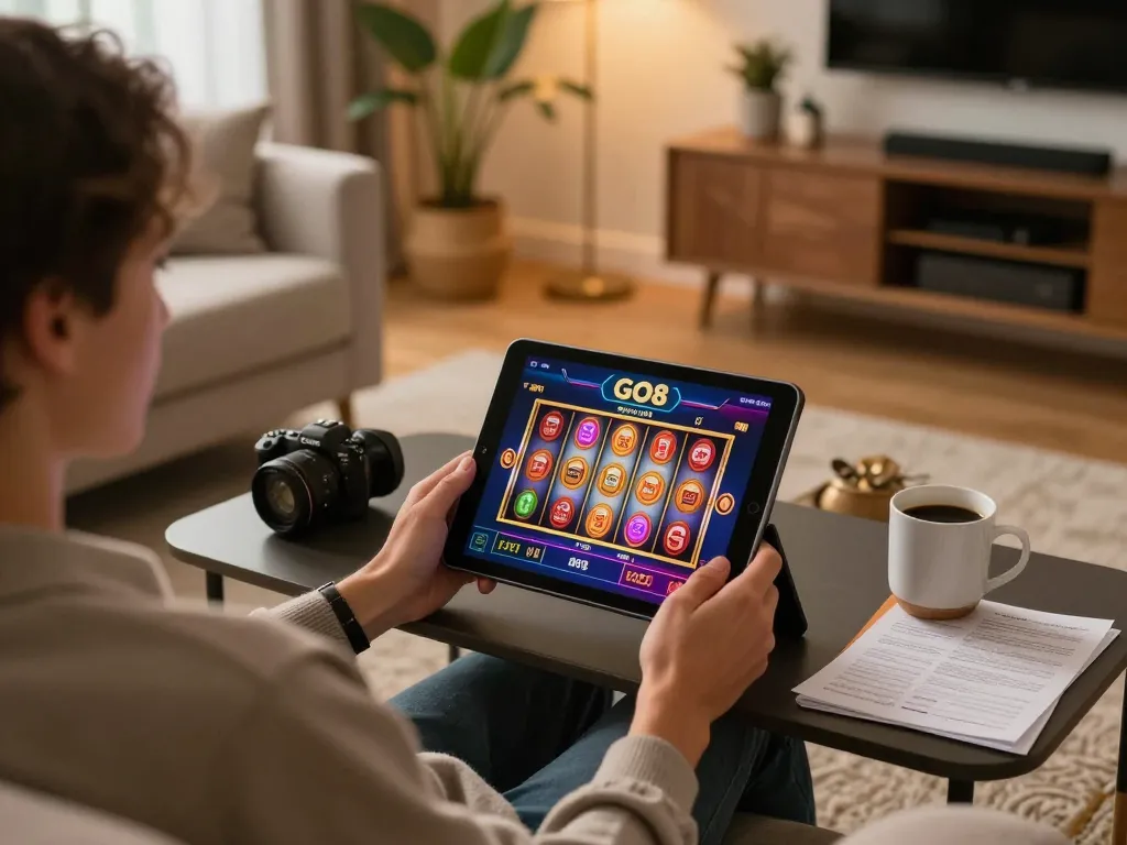 Engaged player enjoying the GO8 online casino app in a cozy home setting, focusing on slot games.