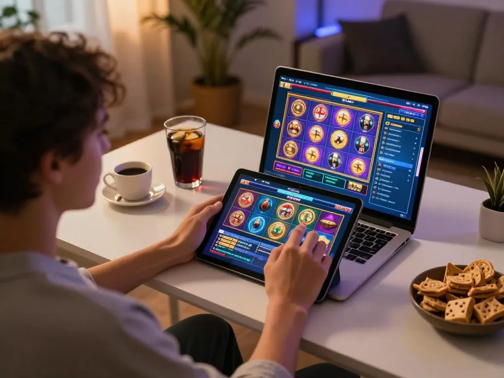 Engaging in online slot Malaysia gaming at home, showcasing tablet interface and betting strategies.