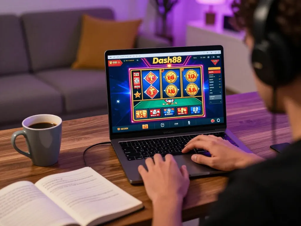 Engaging gamer utilizing dash88 for online slot gaming with strategy notes on table