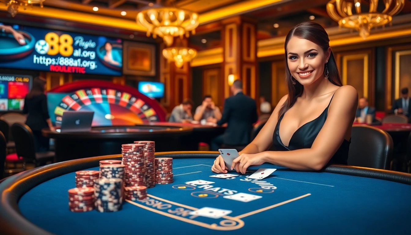 Players engage at a blackjack table in an upscale casino linked to https://88aa1.org/, showcasing thrilling gaming moments.