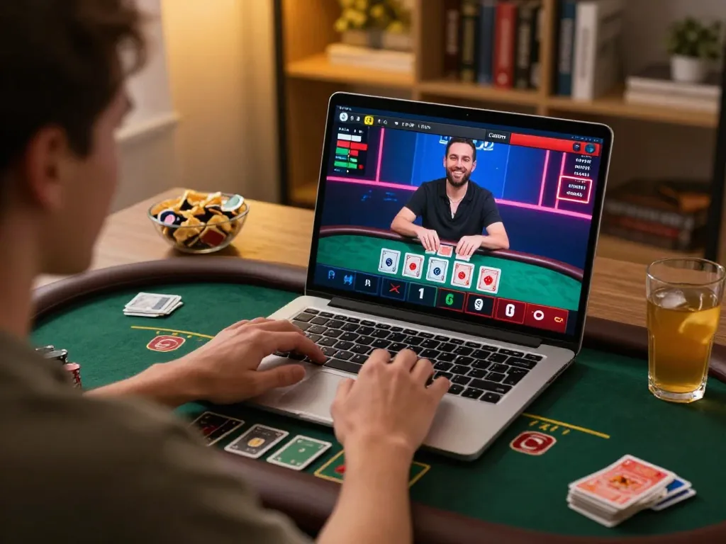 Player engaged in online blackjack at https://tg88uk.com/ using sleek laptop in a cozy home office setting.