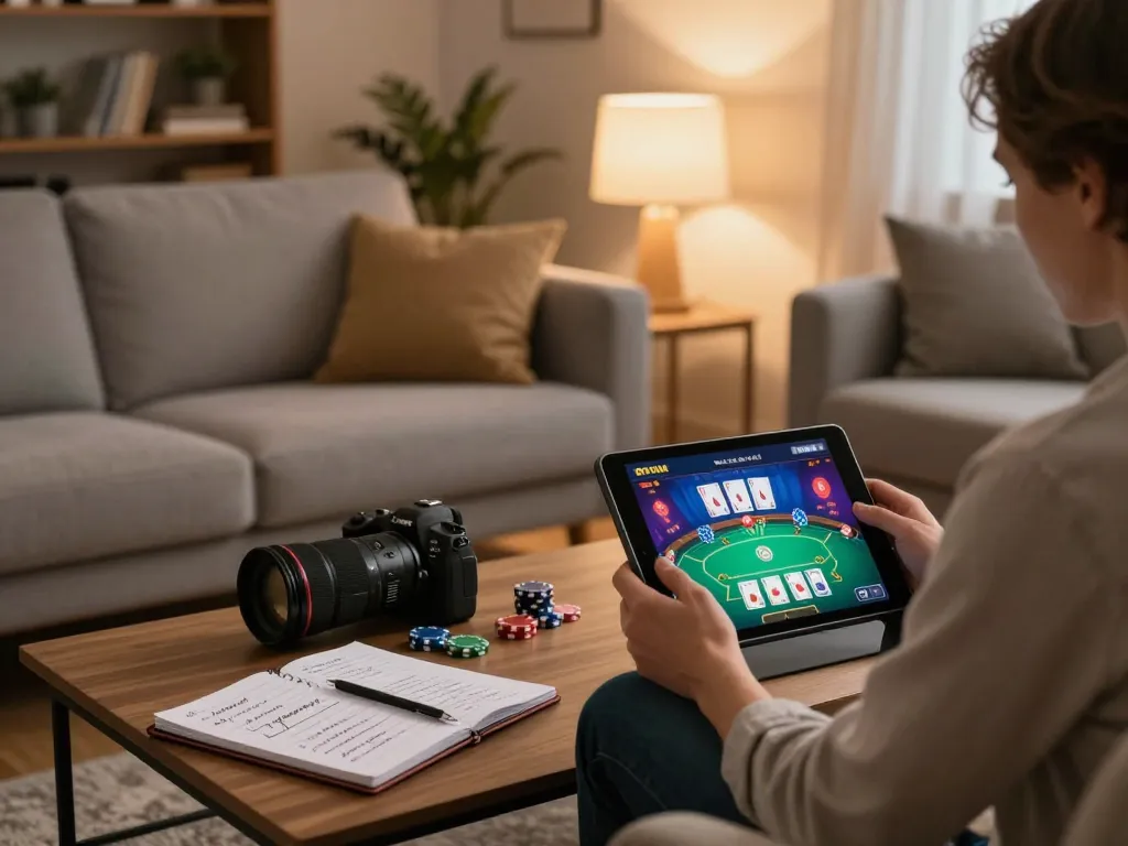 Player engaging in online gaming on lc88 platform, using tablet for poker strategy in cozy setting