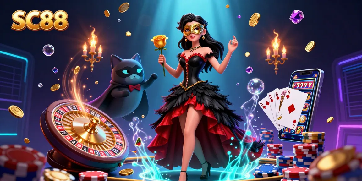 Experience thrilling moments with SC88 in this vibrant casino scene featuring dynamic playing cards and gold coins.