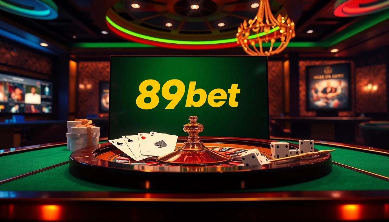 Experience thrilling gaming action with 89bet.sh showcasing luxury casino elements like cards and roulette.