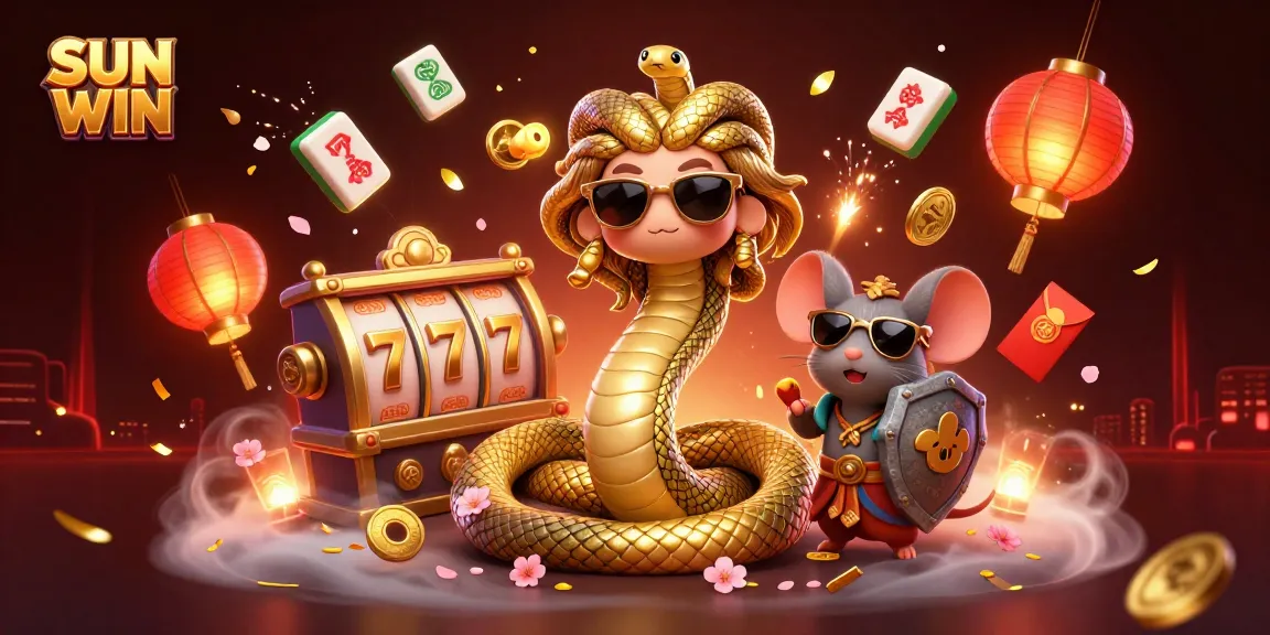 SUN WIN captures the enchanting Medusa and warrior mouse amidst vibrant slot machines and festive gold elements.