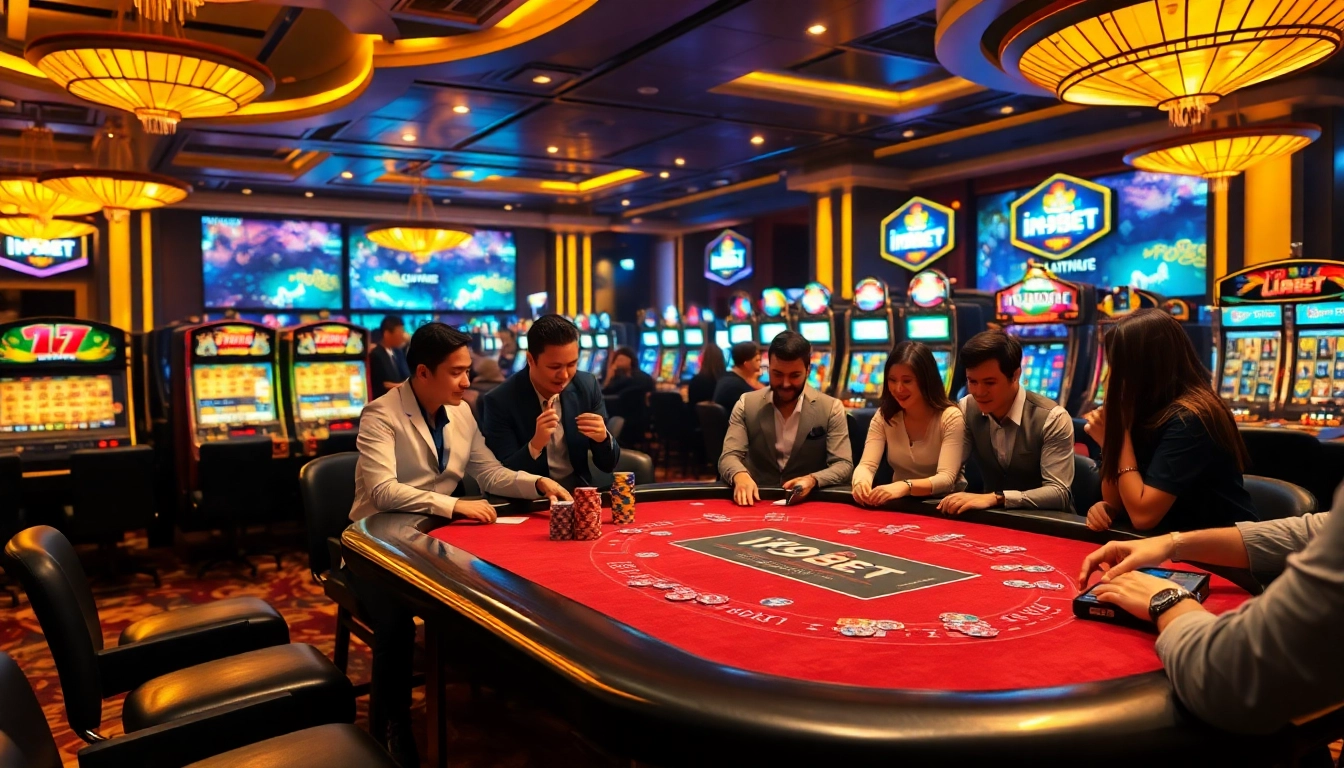 Players enjoying a vibrant game at i9bet's luxurious casino, with engaging poker tables and slot machines.