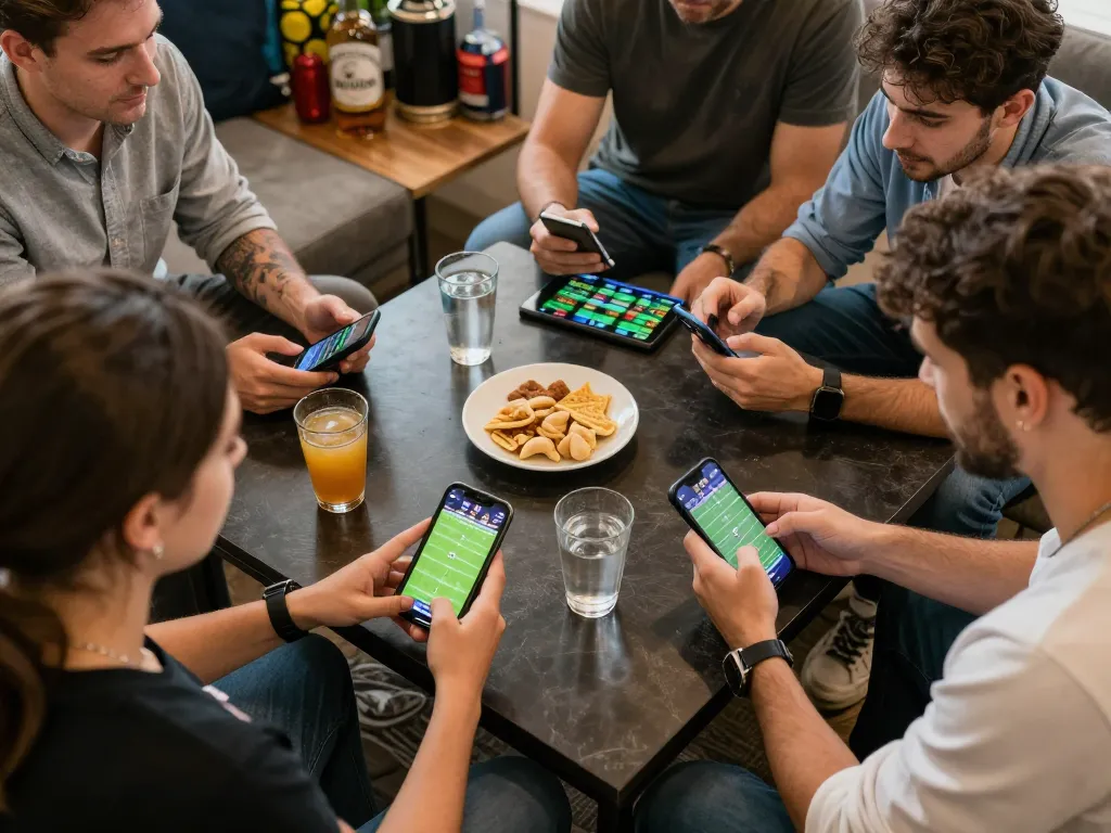 nhandinhkeonhacai enthusiasts placing bets while analyzing live odds on smartphones at a friendly gathering.