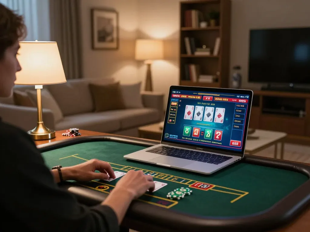 Experience MM88 live dealer games in a cozy home setting, highlighting vibrant gameplay on a laptop.