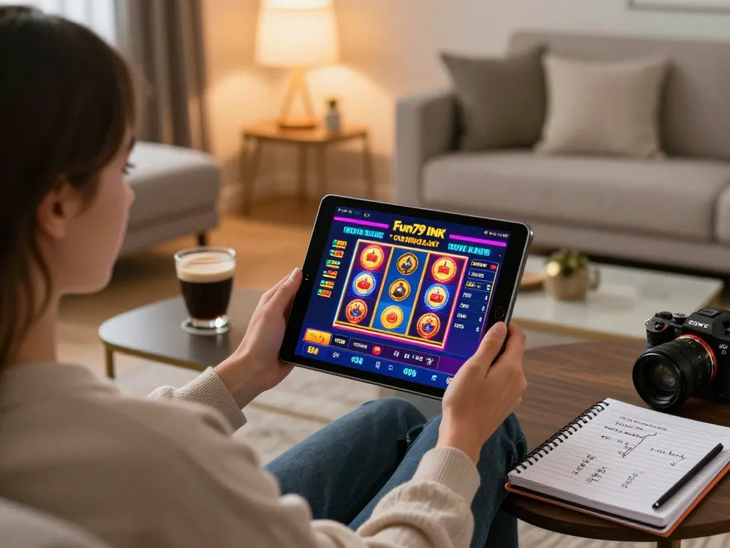 Engaging in Fun79 INK’s online casino gameplay, showcasing a vibrant home environment and strategic gaming