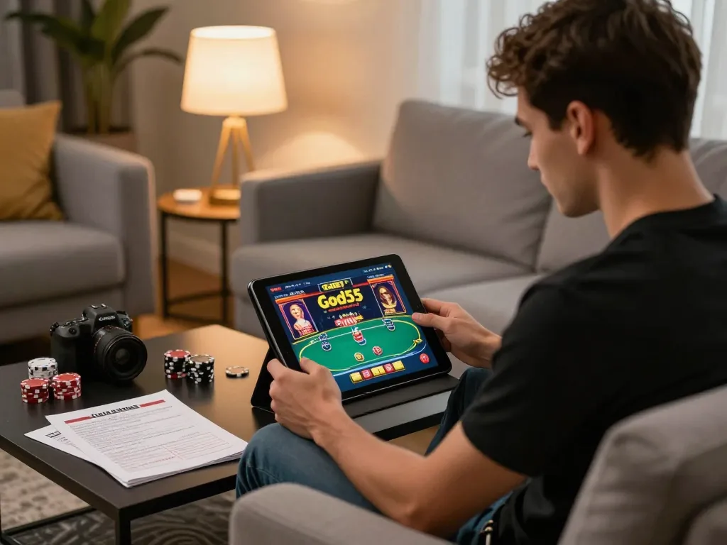 Engaged gambler playing God55 online casino on a tablet in a cozy home setting.