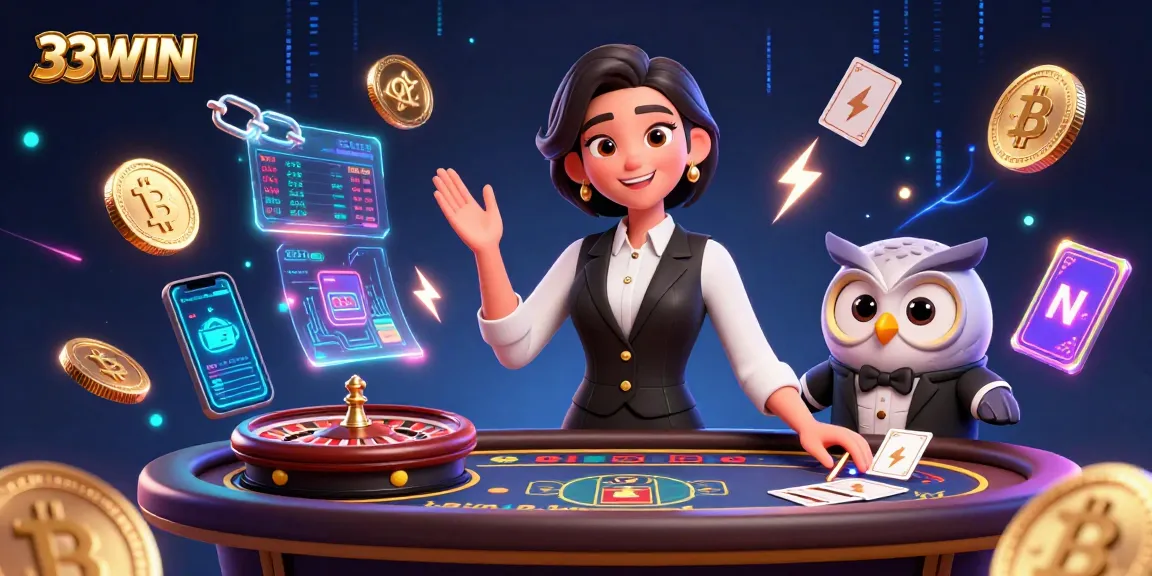 Experience thrilling gameplay at 33WIN with vibrant 3D casino illustration showcasing exciting baccarat and crypto elements.