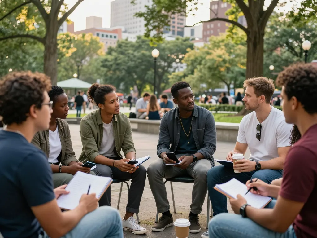 Men's mental health support community gathering at ManClub in a lively urban park.