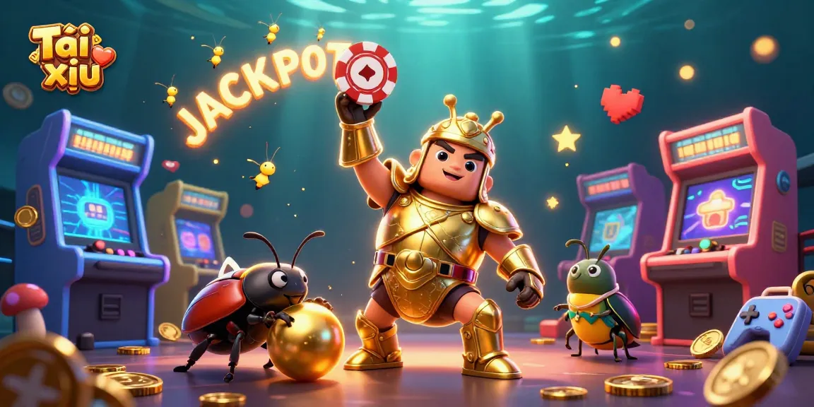 Engage in the thrilling Tài xỉu game where a hercules beetle celebrates victory amidst shimmering casino elements.