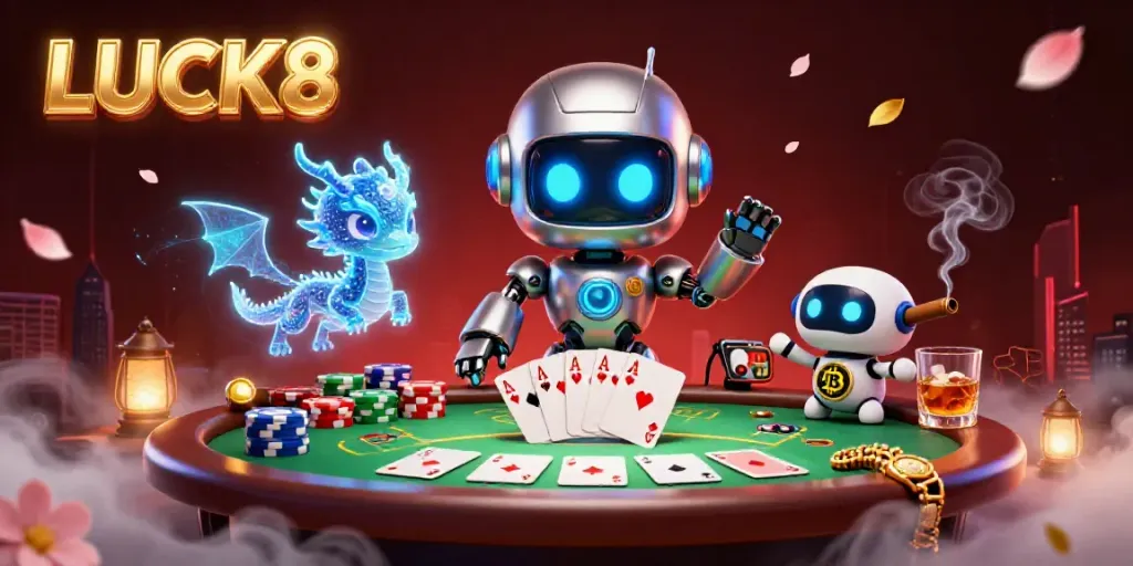 Experience the excitement with LUCK8's vibrant 3D casino illustration featuring a dynamic robot, AI dragon, and poker elements.