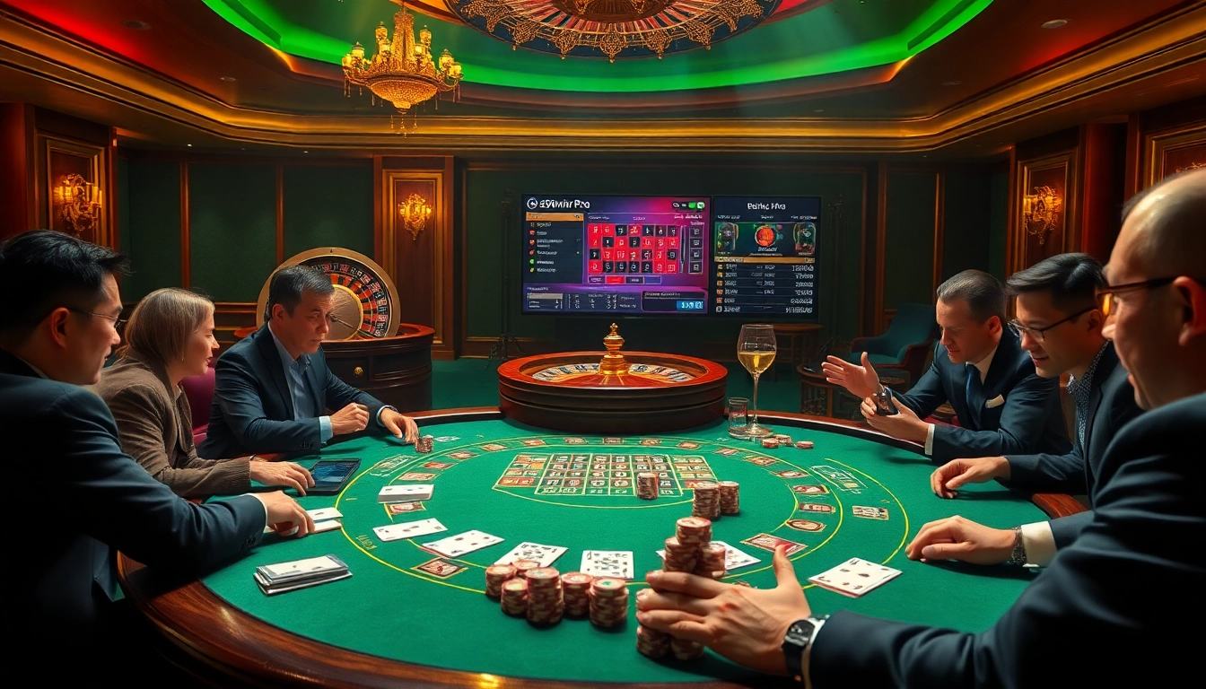 Experience the thrill of 58win pro with players strategizing at an elegant poker table in a luxury casino.