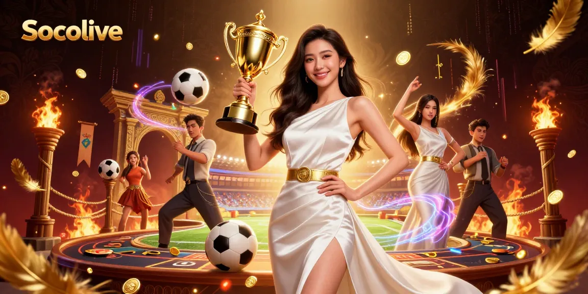 Socolive elevates the sports betting experience with vibrant soccer scenes and trophy celebrations.