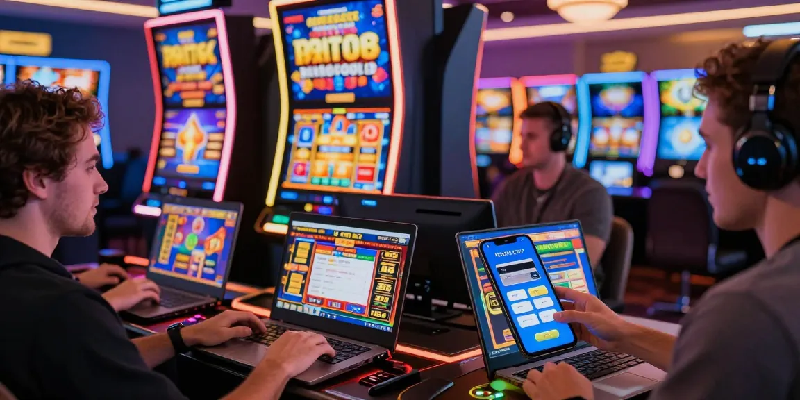 Exciting scene of players at online casinos that accept credit cards, engaging with vibrant slot games and digital bonuses.