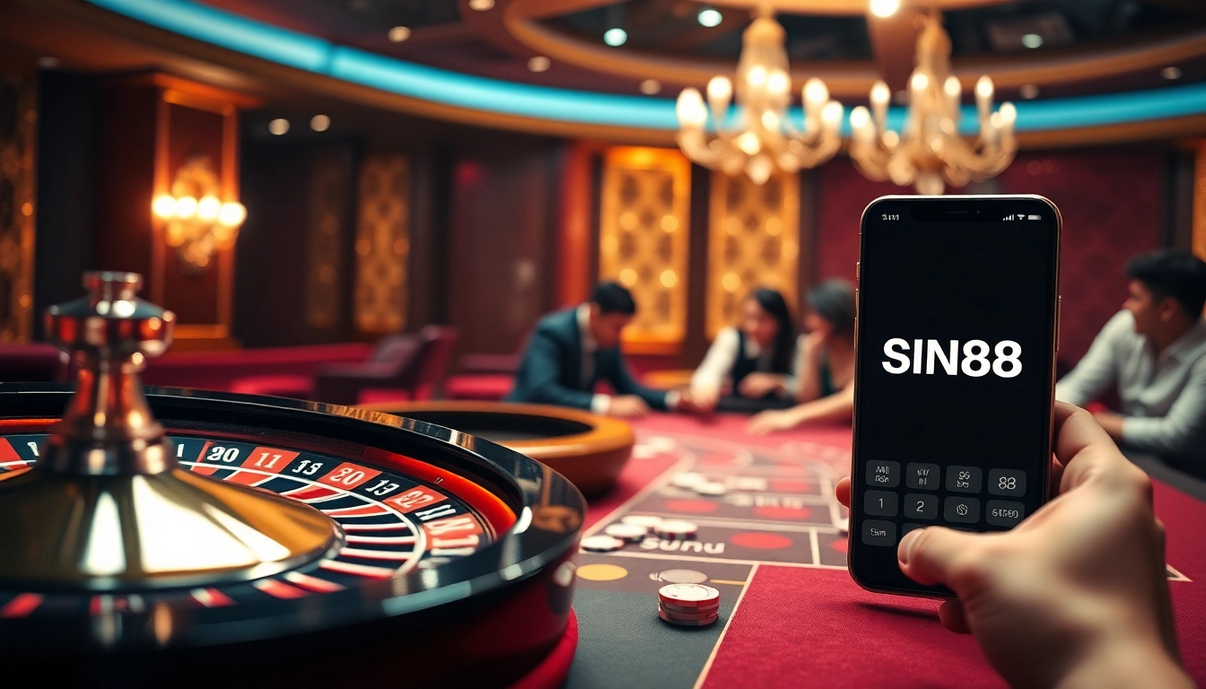 Players enjoying a thrilling game at SIN88 casino, with roulette and poker chips in a luxurious environment.