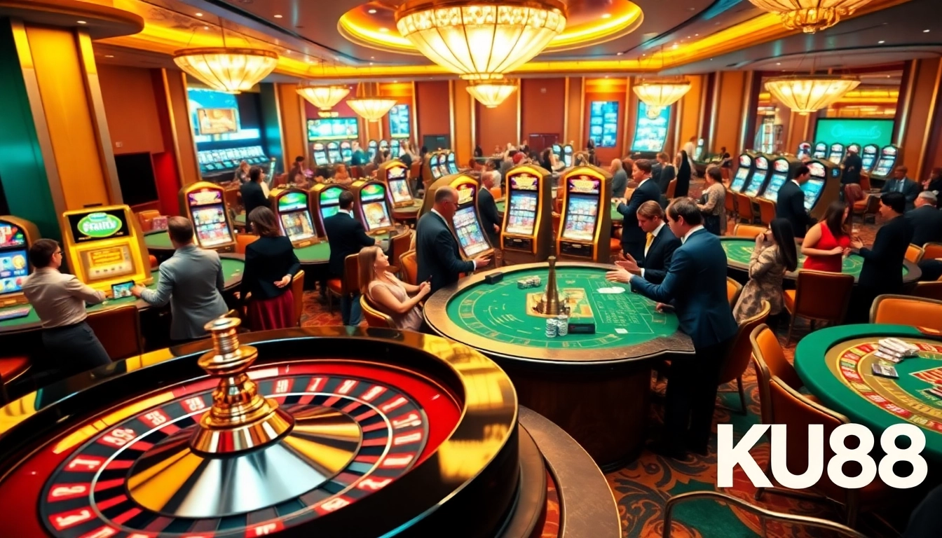 Gamblers enjoying a vibrant casino scene with KU88 branding prominently displayed.
