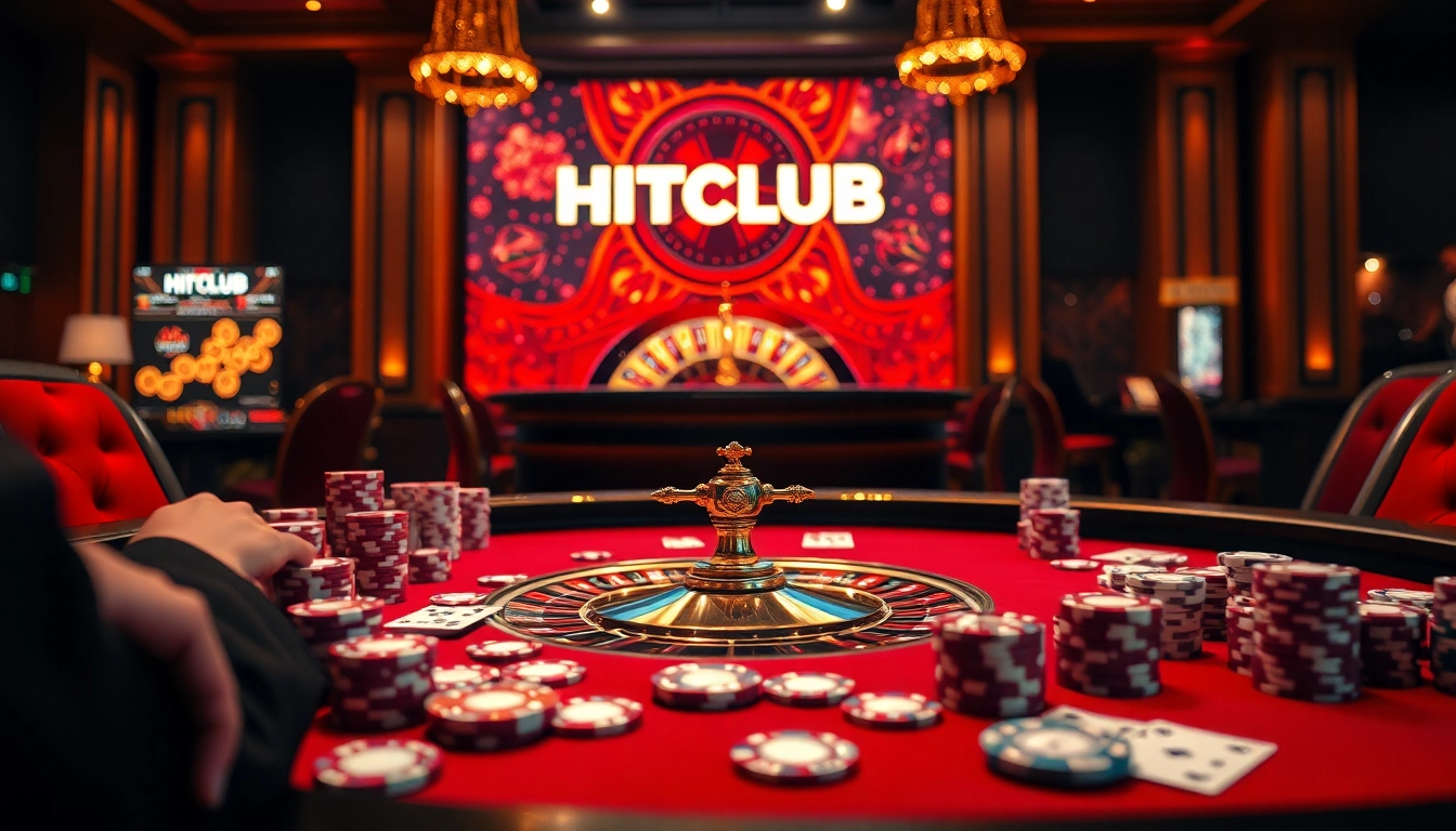 Hitclub players enjoy an exciting moment at a luxury casino table with vibrant poker chips.