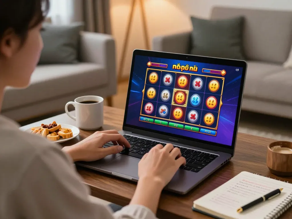 Nổ hũ gameplay in a cozy living room setting, emphasizing online gaming engagement and strategy.