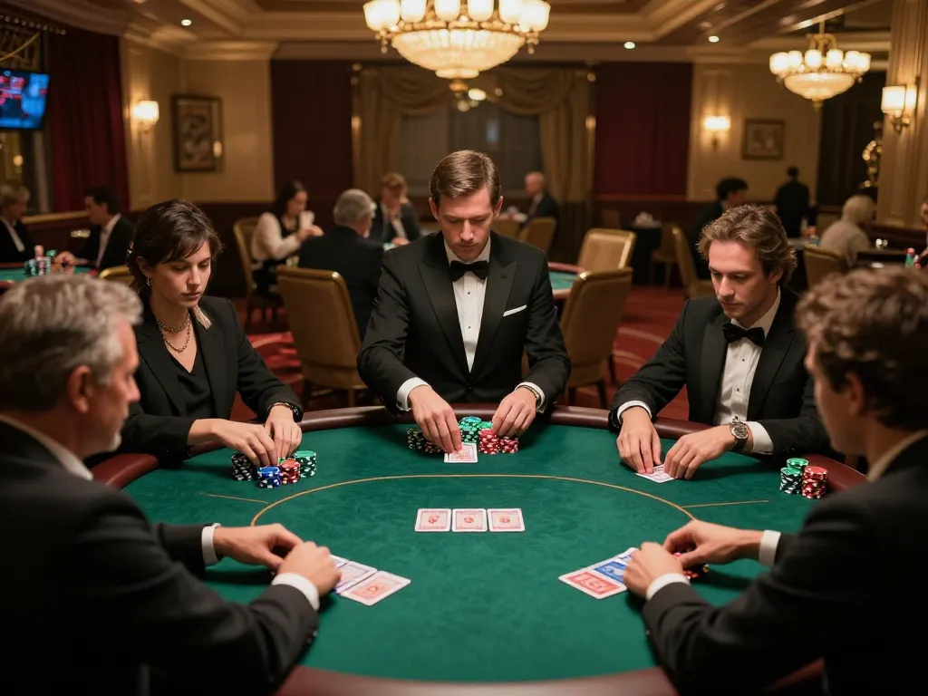 Experience live poker action at https://da88at.com/ with engaged players and a professional dealer in a vibrant casino.