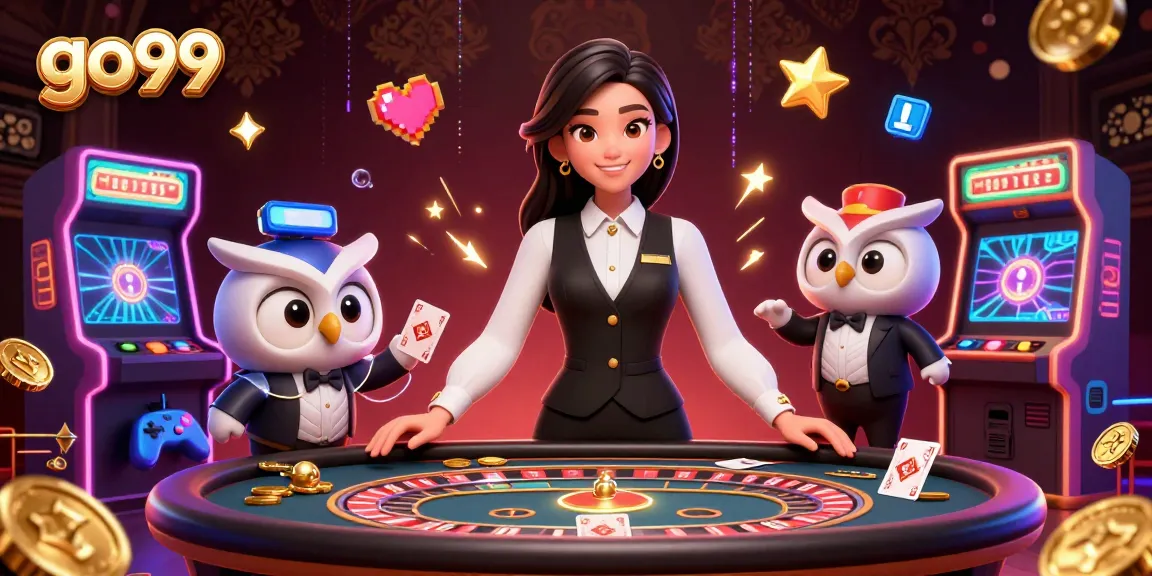 Engage in thrilling games at go99 with a captivating casino scene showcasing dealers and vibrant elements.