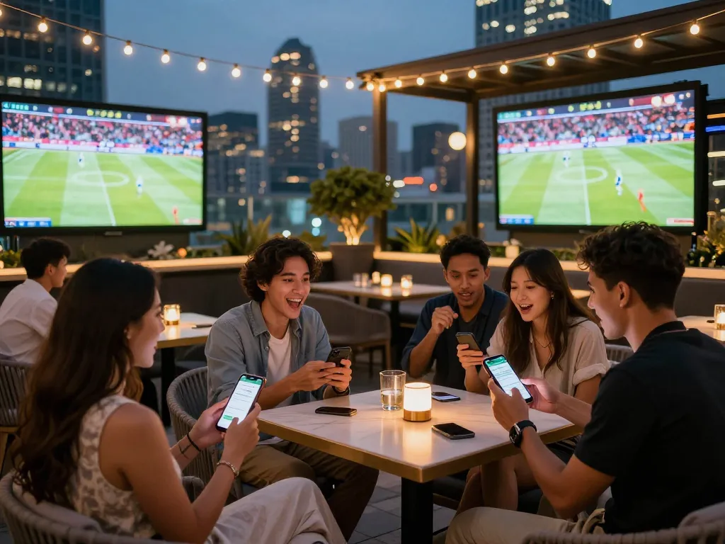 Group of friends engaging in sports betting using the sbobet app at a chic rooftop bar.