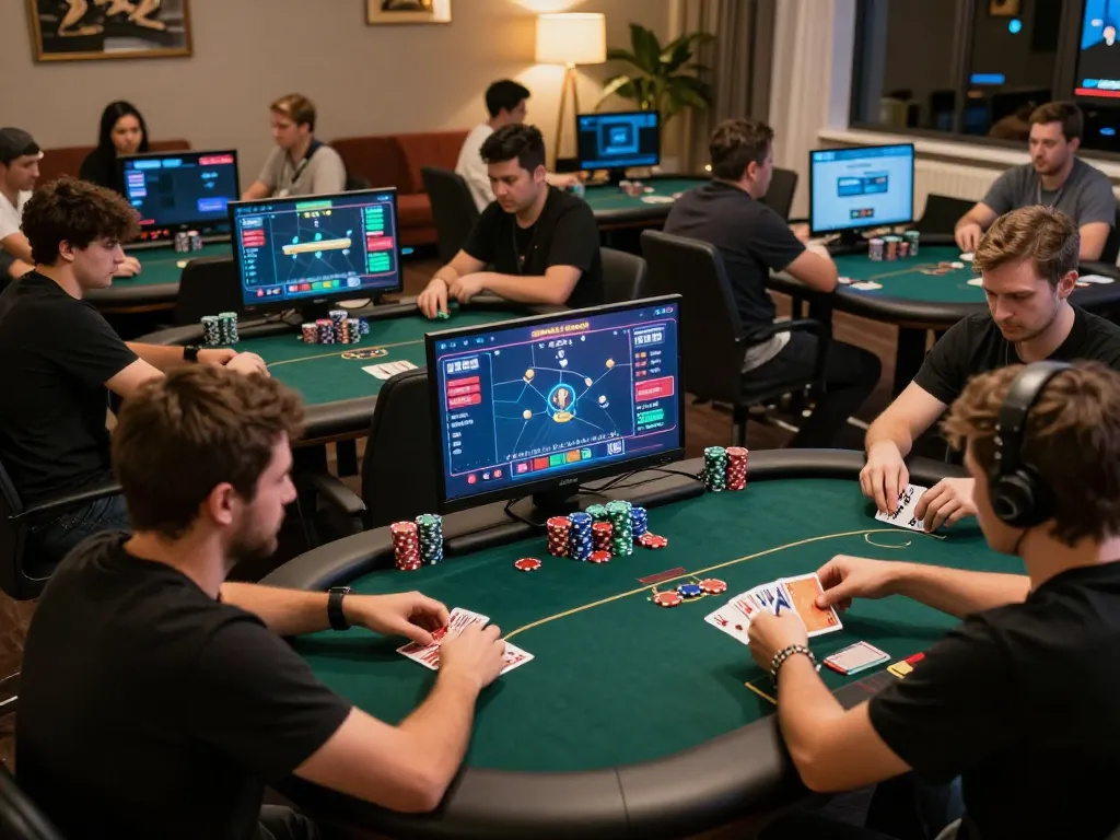 Players engaging in strategic poker gameplay on 789Club's online platform, showcasing competitive excitement and skill.