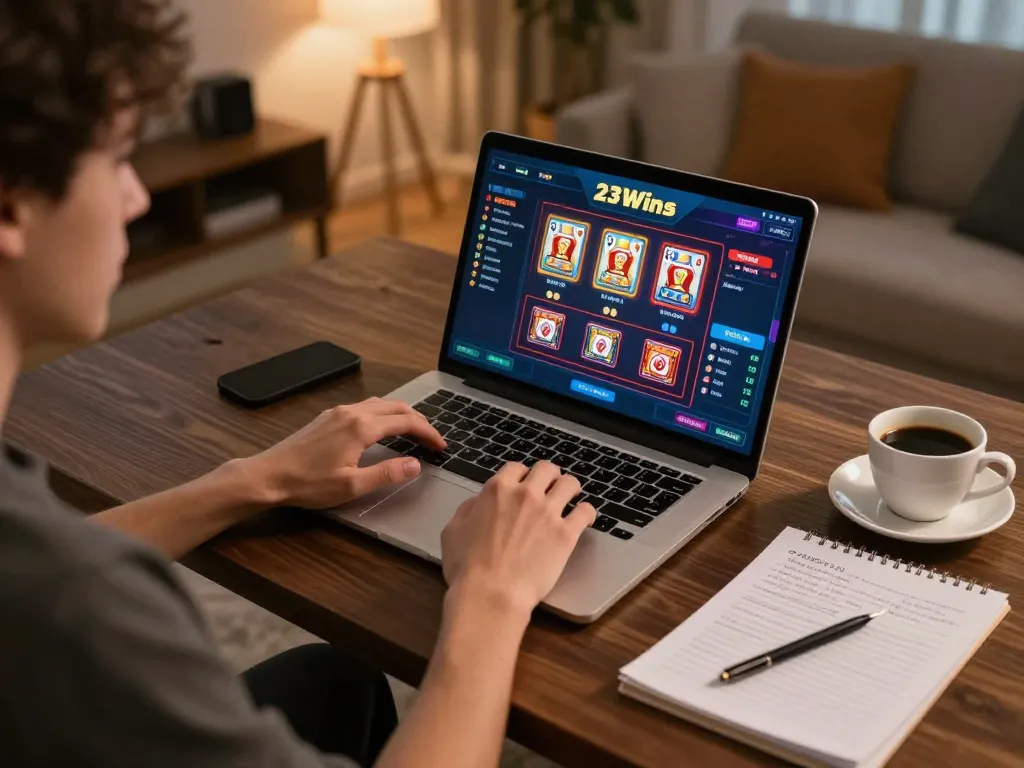 Player enjoying 23Win casino games on a laptop, showcasing strategic gaming sessions with a warm home ambiance.