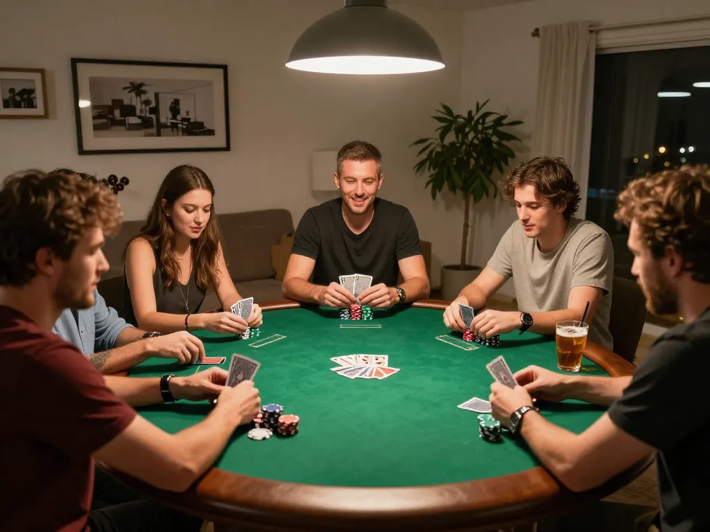 Friends enjoying a lively poker game at home, showcasing hb88 excitement and strategy in a cozy setting.