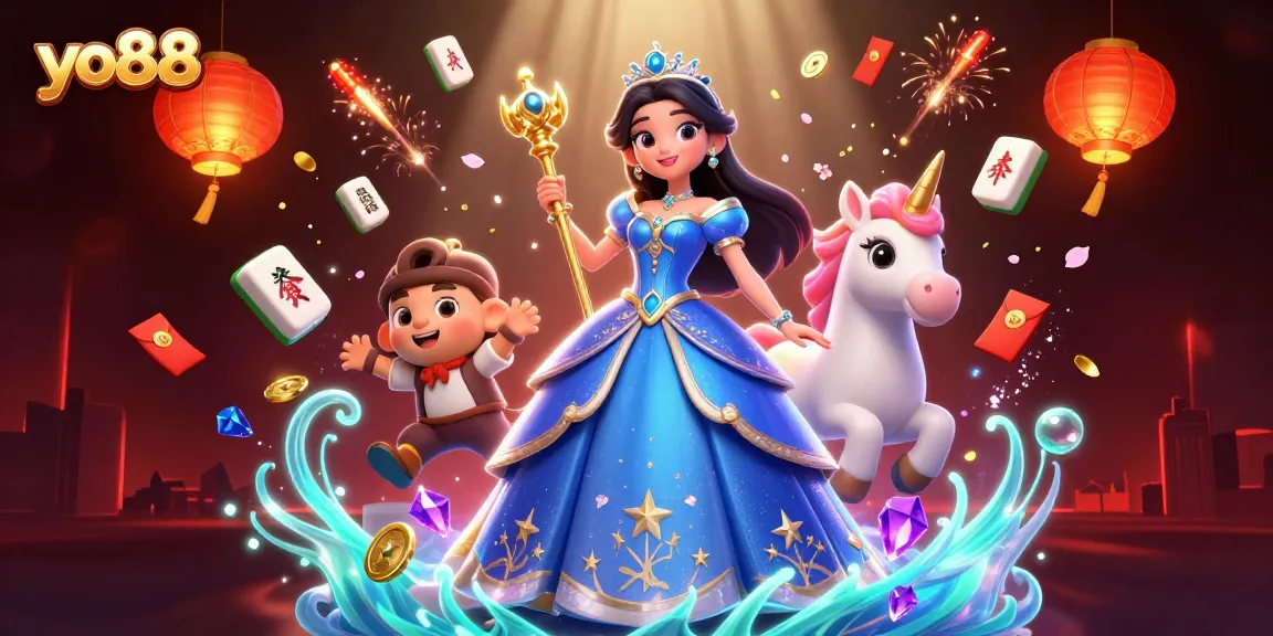 Engage in thrilling games at yo88 with vibrant visuals of a magical casino-themed celebration.
