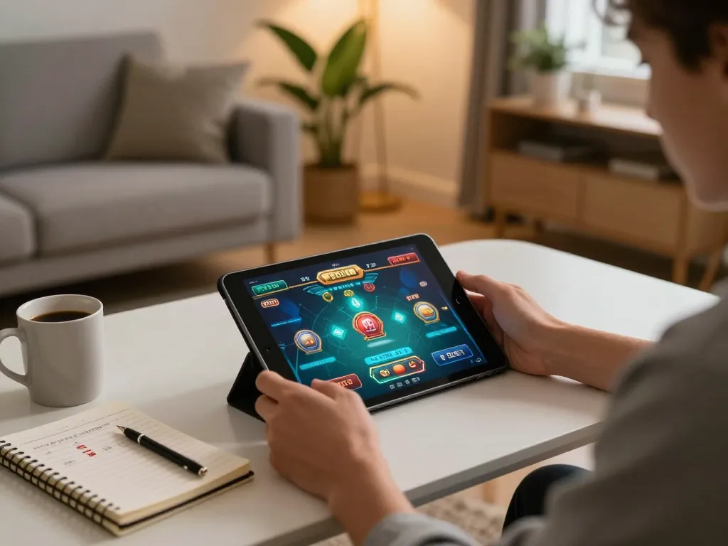 Player enjoying online gaming at home on Dabet tablet, capturing the essence of interactive gambling.