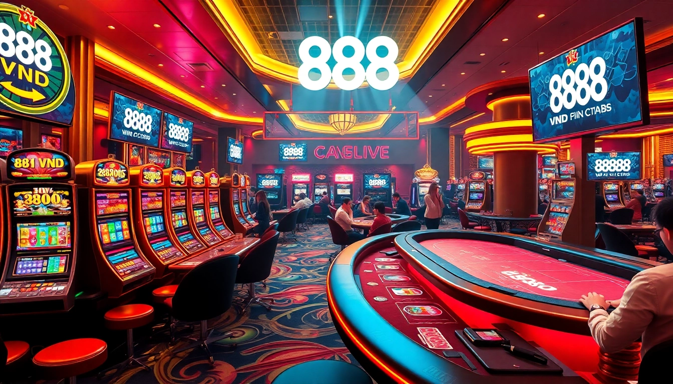 Exciting gambling scene at 888VND casino featuring vibrant slot machines and live betting action.