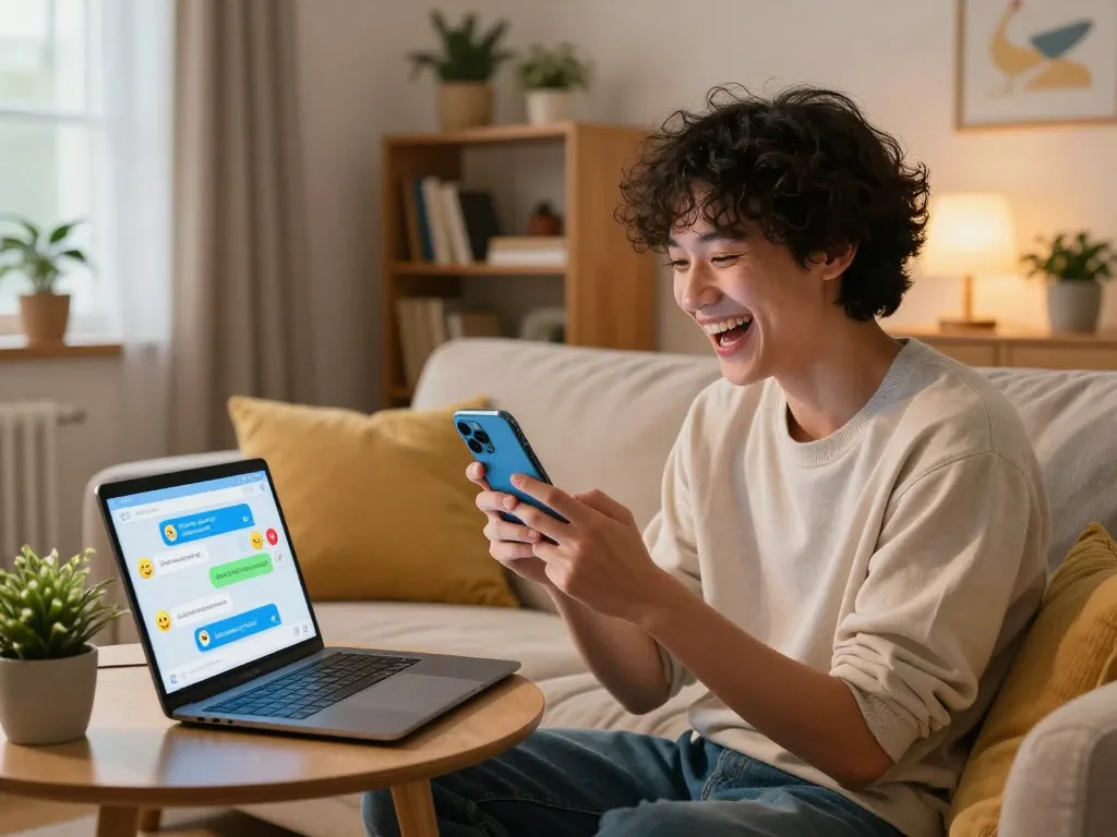 Young adult enjoying playful ai sex chat on smartphone in cozy living room.