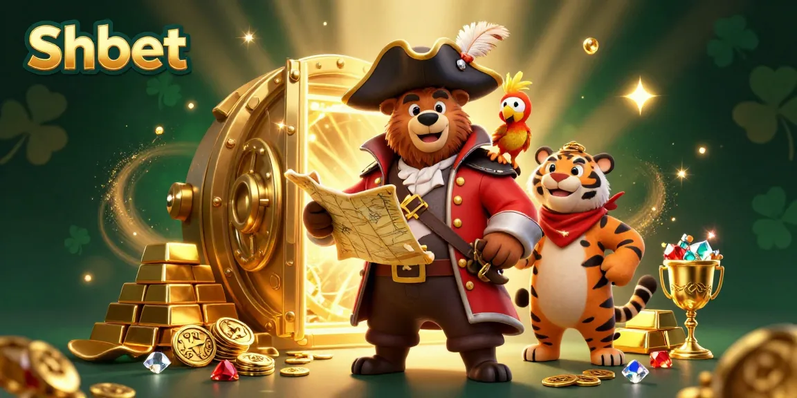 Exciting treasure-hunting scene at Shbet casino, featuring a cartoon bear pirate and friends amid gold and gems.