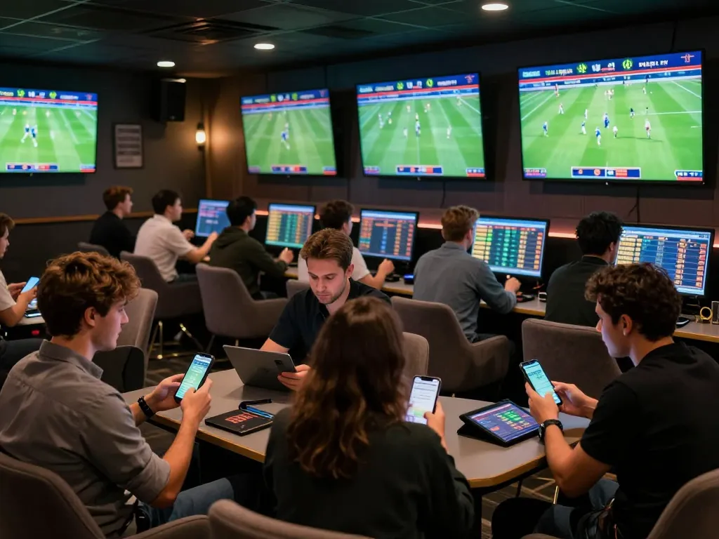 A dynamic sports betting lounge scene where enthusiastic fans analyze การวิเคราะห์ฟุตบอล odds on mobile devices amidst multiple screens showing live matches.