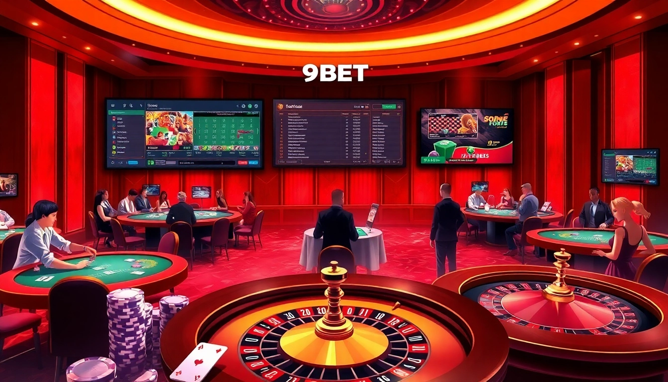 9BET online casino scene featuring poker chips and roulette wheel, creating an exciting gambling atmosphere.
