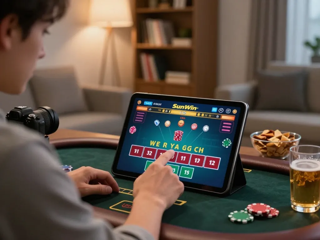 Engaged player enjoying live dealer blackjack game on Sunwin app in cozy home setting.