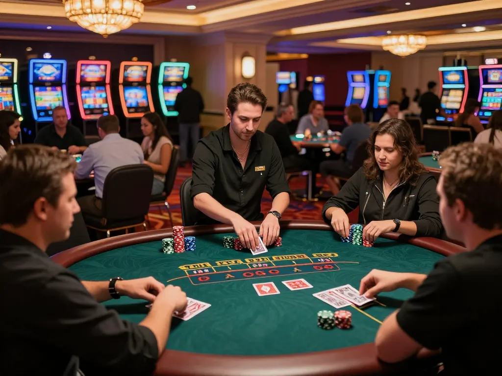 Kuwin Casino excitement with players engaged in a high-stakes poker game under warm lighting and vibrant slot machines.