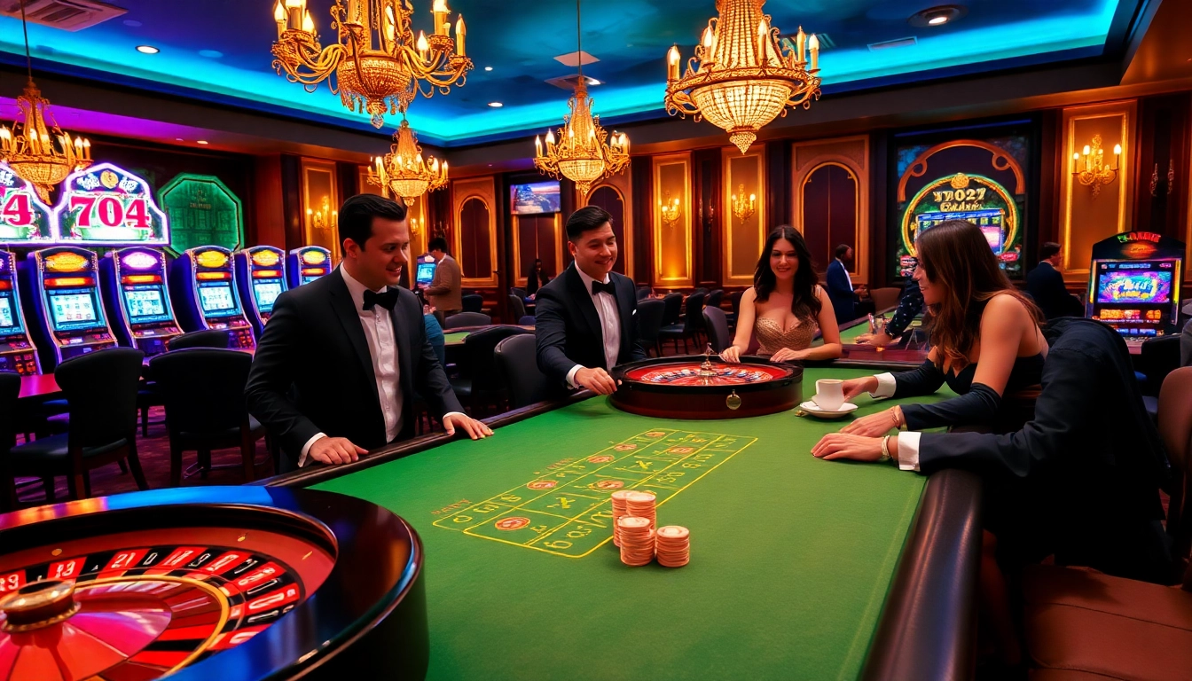 Engaging poker game at 789club with vibrant chips and roulette wheel under luxurious lighting.