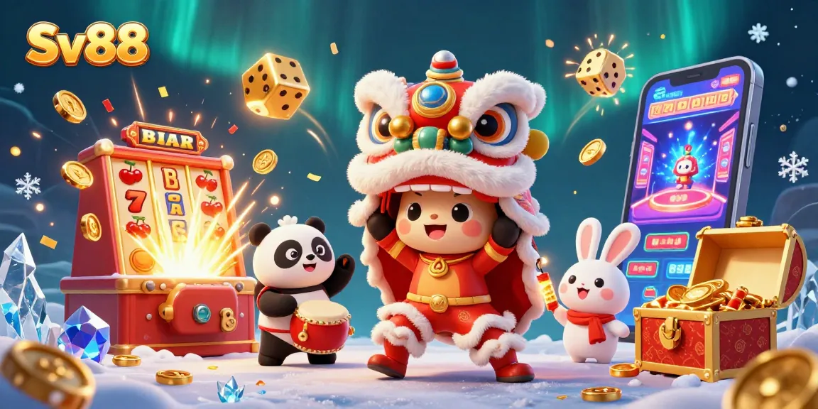 Spin to win with Sv88 in a vibrant casino scene filled with slot machines and festive elements.