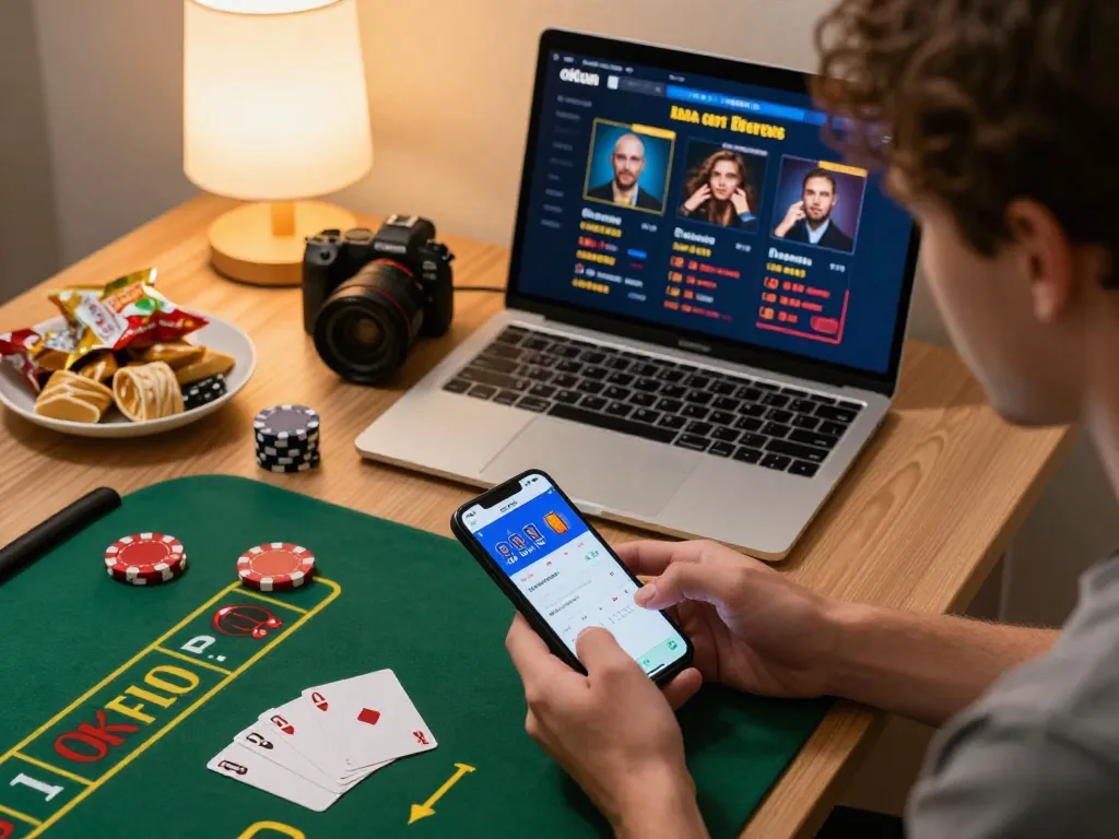 Engaged user placing bets on okfun app during online poker game with laptop and cozy setup.