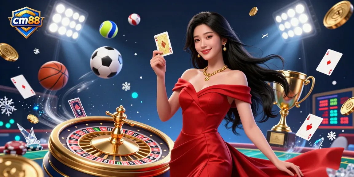 Experience excitement at cm88 with a stunning woman revealing her winning playing card beside dynamic sports elements.