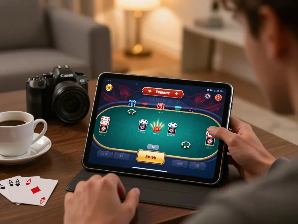 Player enjoys online poker with fly88 app on tablet, showcasing strategic gameplay and cozy atmosphere.