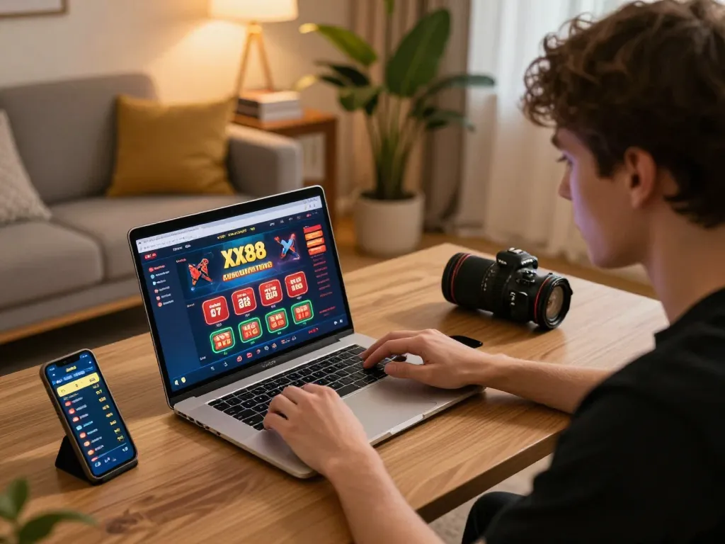 Engaging online gaming moment with a player strategizing on XX88 platform in a cozy home setting