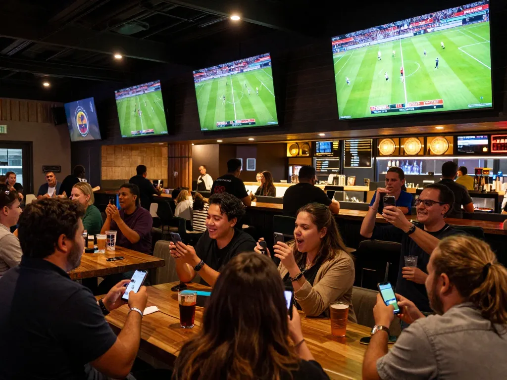 KQBD updates live sports scores while patrons engage in dynamic betting at a lively sports bar setting