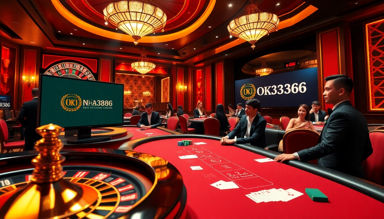 Experience the thrilling atmosphere of Nhà Cái OK8386 with vibrant casino elements and engaging gameplay.