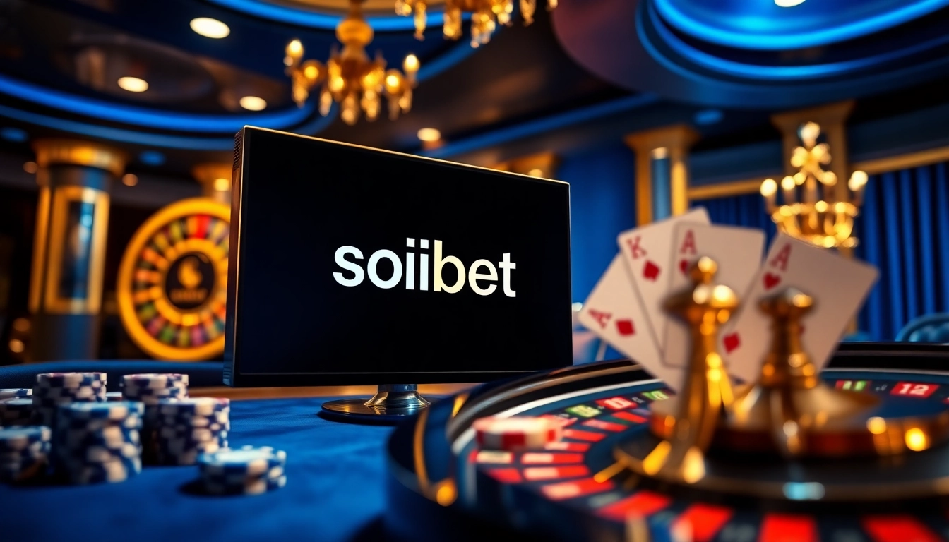 Experience the thrill of online gambling with soibet, featuring poker chips and casino tables.